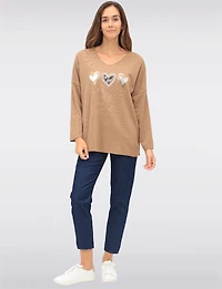 Textured Long Sleeve V-Neck Top with 3-Heart Foil & Sequin Design by Froccella
