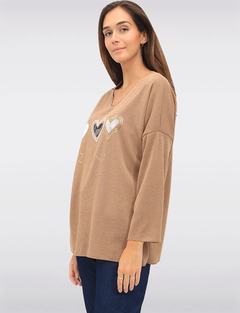 Textured Long Sleeve V-Neck Top with 3-Heart Foil & Sequin Design by Froccella