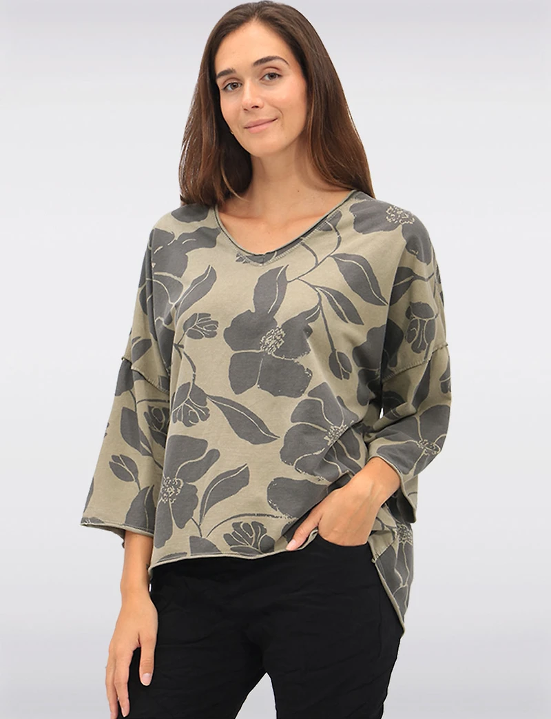 Floral Print Long V-Neck Top with Dropped Shoulders & Raw Edges by Froccella