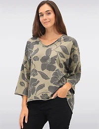 Floral Print Long V-Neck Top with Dropped Shoulders & Raw Edges by Froccella