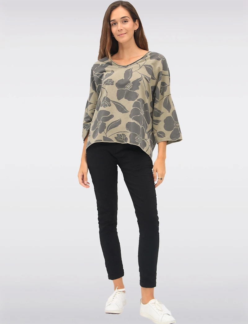 Floral Print Long V-Neck Top with Dropped Shoulders & Raw Edges by Froccella