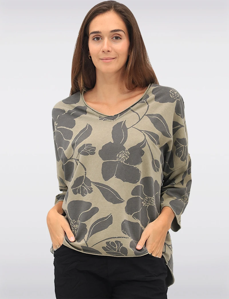 Floral Print Long V-Neck Top with Dropped Shoulders & Raw Edges by Froccella