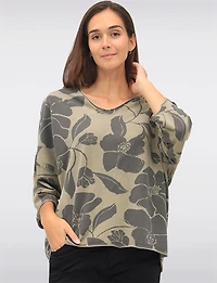 Floral Print Long V-Neck Top with Dropped Shoulders & Raw Edges by Froccella