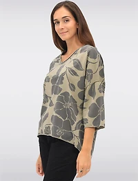 Floral Print Long V-Neck Top with Dropped Shoulders & Raw Edges by Froccella