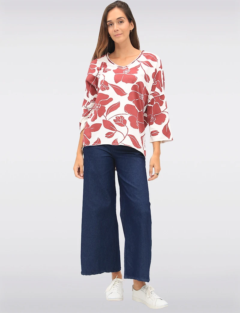 Floral Print Long V-Neck Top with Dropped Shoulders & Raw Edges by Froccella