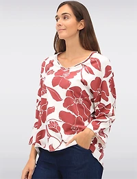 Floral Print Long V-Neck Top with Dropped Shoulders & Raw Edges by Froccella