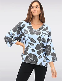 Floral Print Long V-Neck Top with Dropped Shoulders & Raw Edges by Froccella