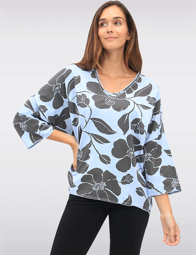 Floral Print Long V-Neck Top with Dropped Shoulders & Raw Edges by Froccella