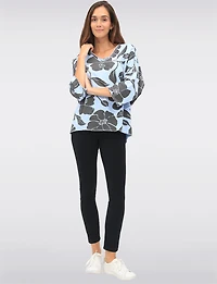 Floral Print Long V-Neck Top with Dropped Shoulders & Raw Edges by Froccella