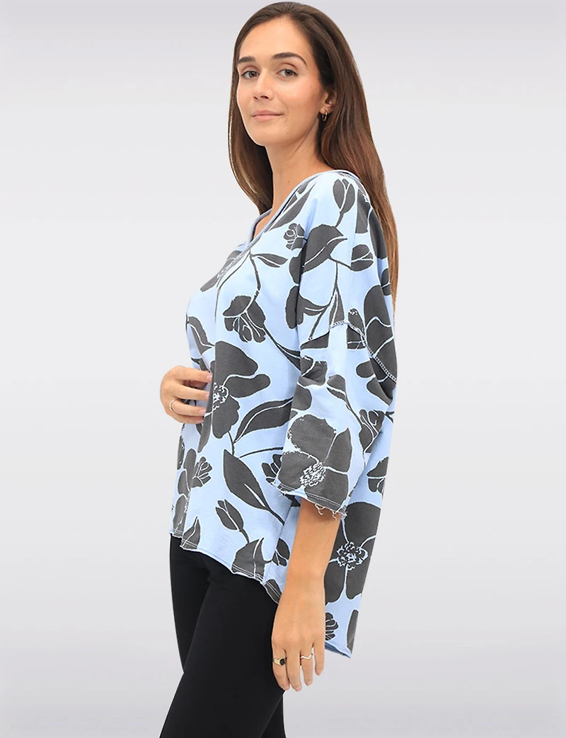 Floral Print Long V-Neck Top with Dropped Shoulders & Raw Edges by Froccella