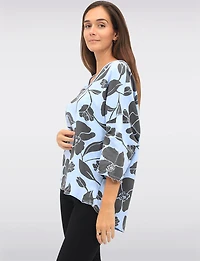 Floral Print Long V-Neck Top with Dropped Shoulders & Raw Edges by Froccella