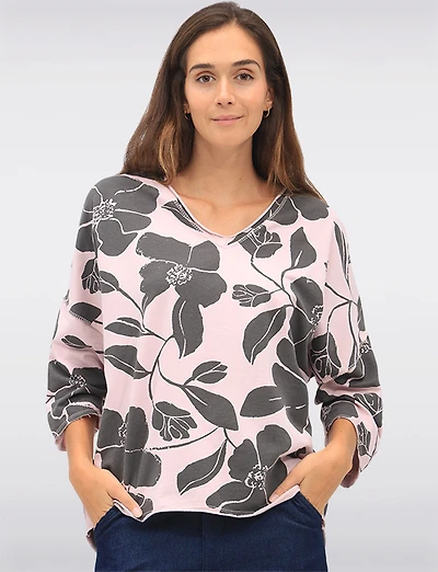 Floral Print Long V-Neck Top with Dropped Shoulders & Raw Edges by Froccella