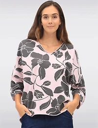 Floral Print Long V-Neck Top with Dropped Shoulders & Raw Edges by Froccella