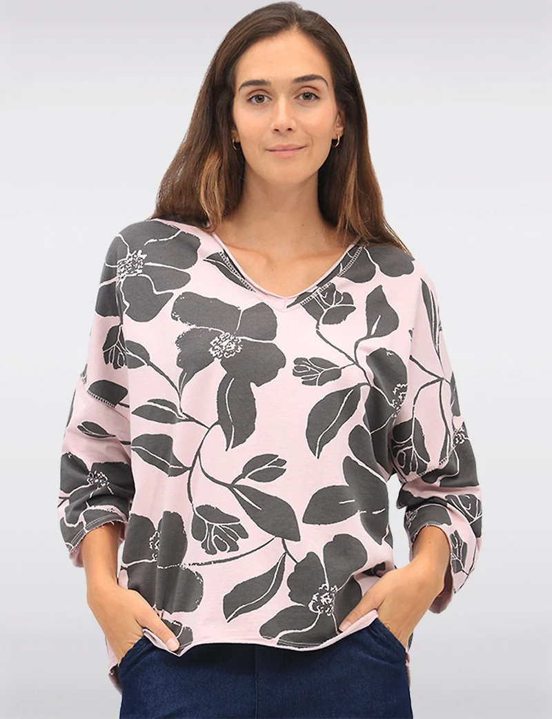 Floral Print Long V-Neck Top with Dropped Shoulders & Raw Edges by Froccella