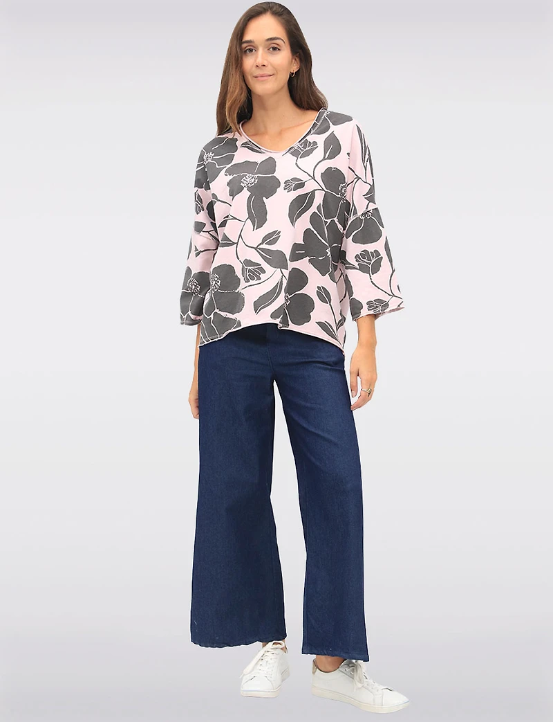 Floral Print Long V-Neck Top with Dropped Shoulders & Raw Edges by Froccella