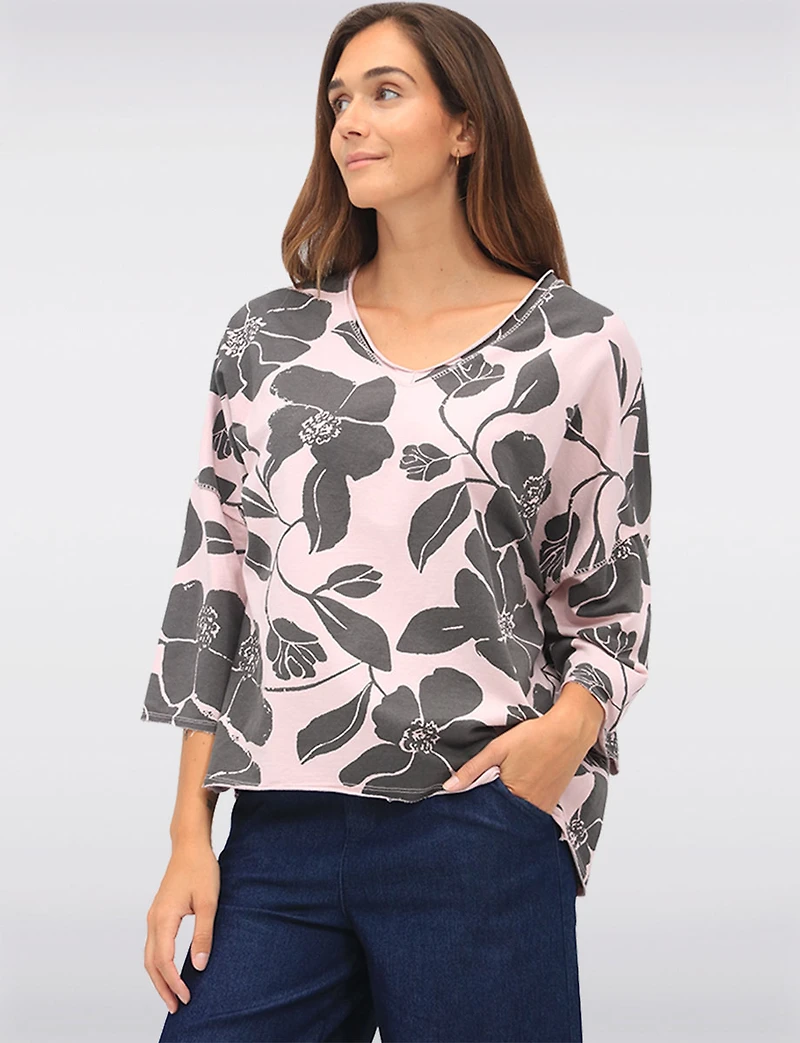 Floral Print Long V-Neck Top with Dropped Shoulders & Raw Edges by Froccella
