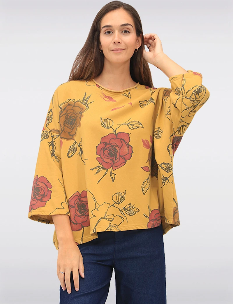 Cotton Blend Relaxed Fit Rose Pattern Drop Shoulder 3/4 Sleeve Top by Froccella
