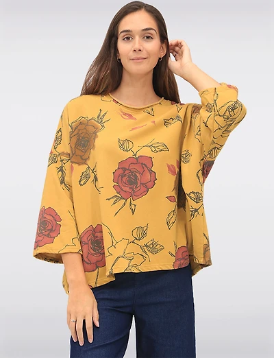 Cotton Blend Relaxed Fit Rose Pattern Drop Shoulder 3/4 Sleeve Top by Froccella