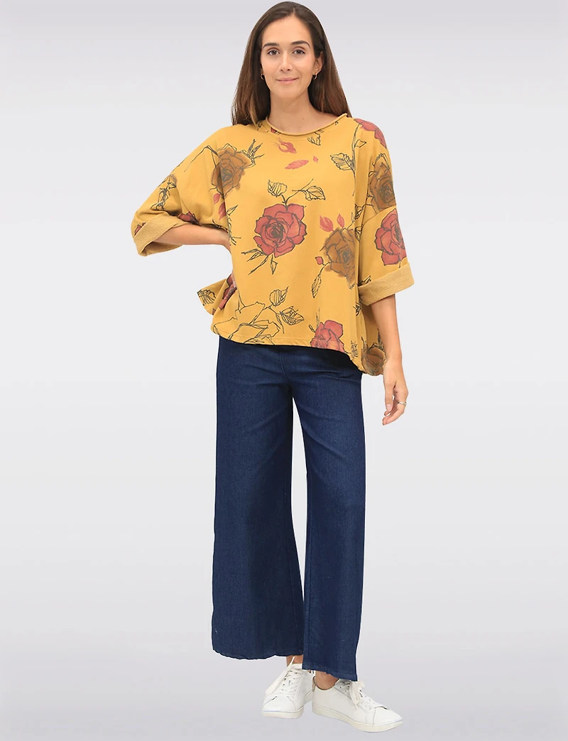 Cotton Blend Relaxed Fit Rose Pattern Drop Shoulder 3/4 Sleeve Top by Froccella