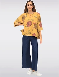 Cotton Blend Relaxed Fit Rose Pattern Drop Shoulder 3/4 Sleeve Top by Froccella