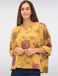 Cotton Blend Relaxed Fit Rose Pattern Drop Shoulder 3/4 Sleeve Top by Froccella