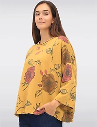 Cotton Blend Relaxed Fit Rose Pattern Drop Shoulder 3/4 Sleeve Top by Froccella