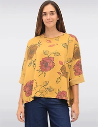 Cotton Blend Relaxed Fit Rose Pattern Drop Shoulder 3/4 Sleeve Top by Froccella