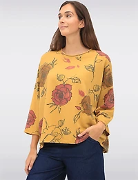Cotton Blend Relaxed Fit Rose Pattern Drop Shoulder 3/4 Sleeve Top by Froccella
