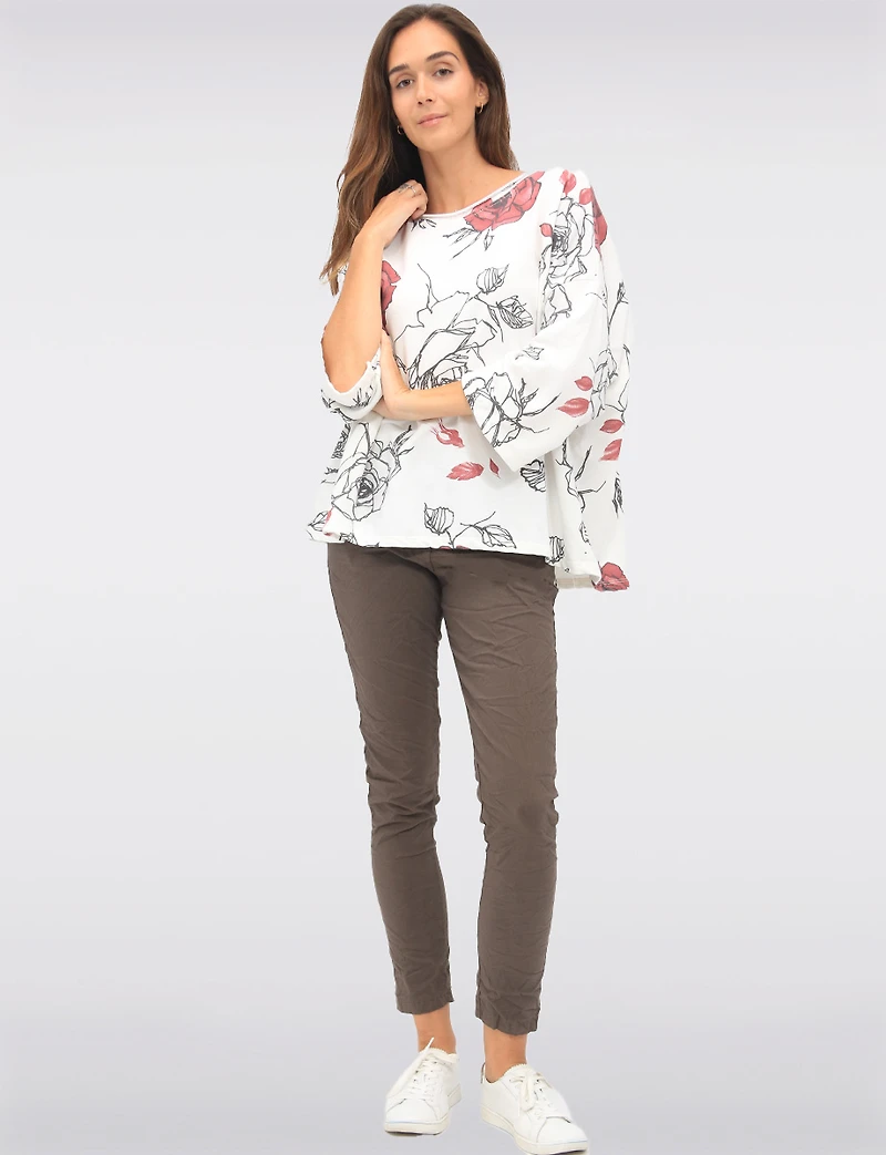 Cotton Blend Relaxed Fit Rose Pattern Drop Shoulder 3/4 Sleeve Top by Froccella