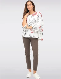 Cotton Blend Relaxed Fit Rose Pattern Drop Shoulder 3/4 Sleeve Top by Froccella