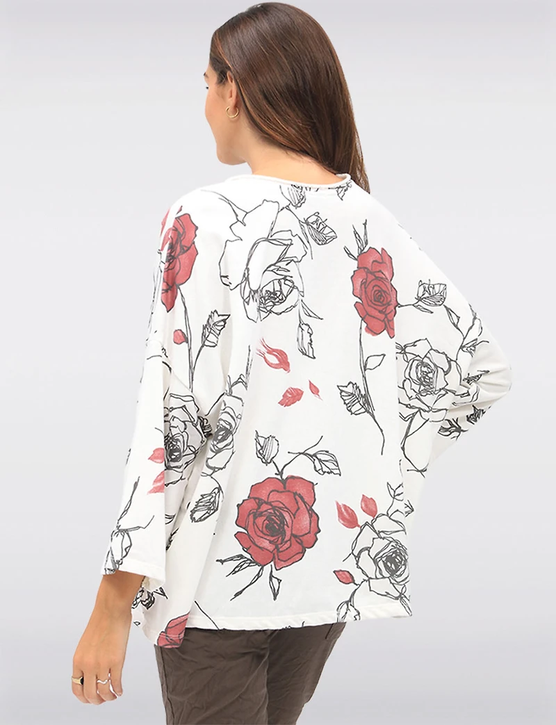 Cotton Blend Relaxed Fit Rose Pattern Drop Shoulder 3/4 Sleeve Top by Froccella