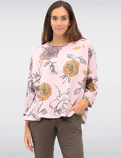 Cotton Blend Relaxed Fit Rose Pattern Drop Shoulder 3/4 Sleeve Top by Froccella