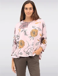 Cotton Blend Relaxed Fit Rose Pattern Drop Shoulder 3/4 Sleeve Top by Froccella