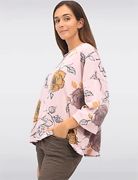 Cotton Blend Relaxed Fit Rose Pattern Drop Shoulder 3/4 Sleeve Top by Froccella