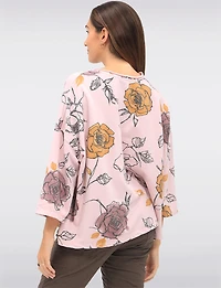 Cotton Blend Relaxed Fit Rose Pattern Drop Shoulder 3/4 Sleeve Top by Froccella