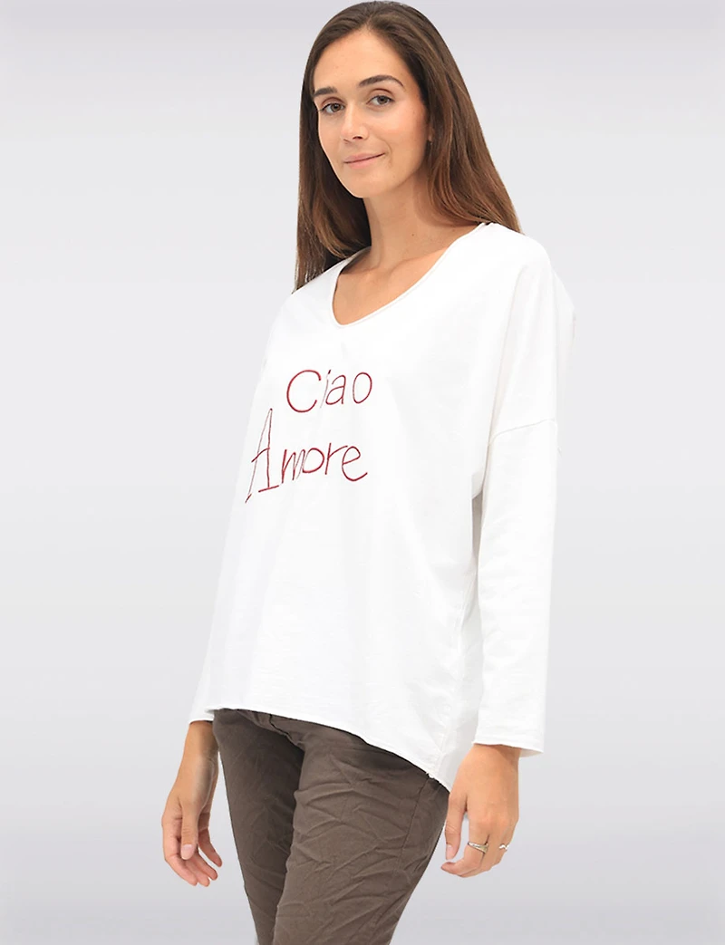 Ciao Amore Embroidered V-Neck Top with 3/4 Sleeves & Longer Back by Froccella