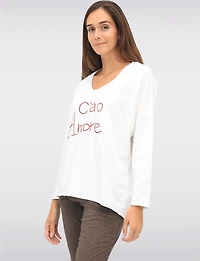 Ciao Amore Embroidered V-Neck Top with 3/4 Sleeves & Longer Back by Froccella