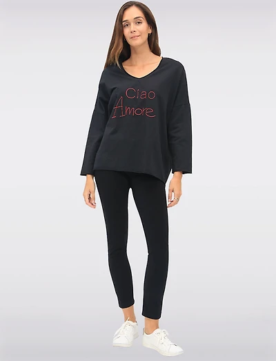 Ciao Amore Embroidered V-Neck Top with 3/4 Sleeves & Longer Back by Froccella