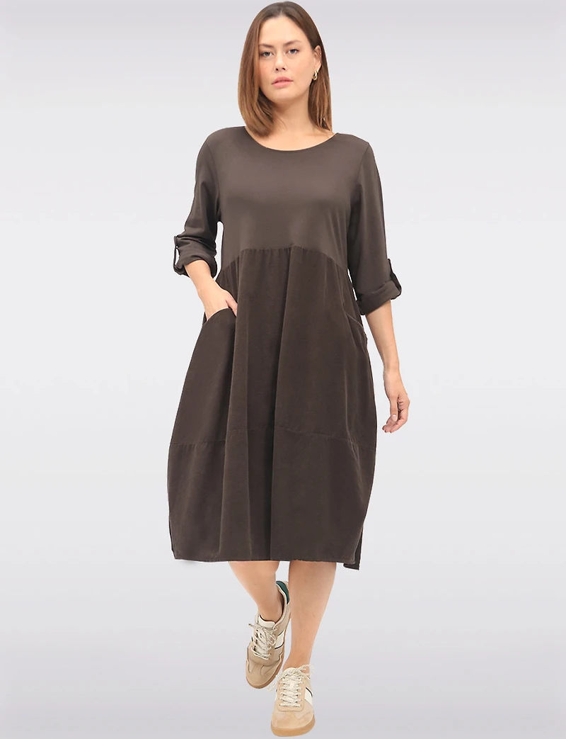 Cotton Corduroy Balloon Dress with Long Sleeves & Patch Pockets by Froccella