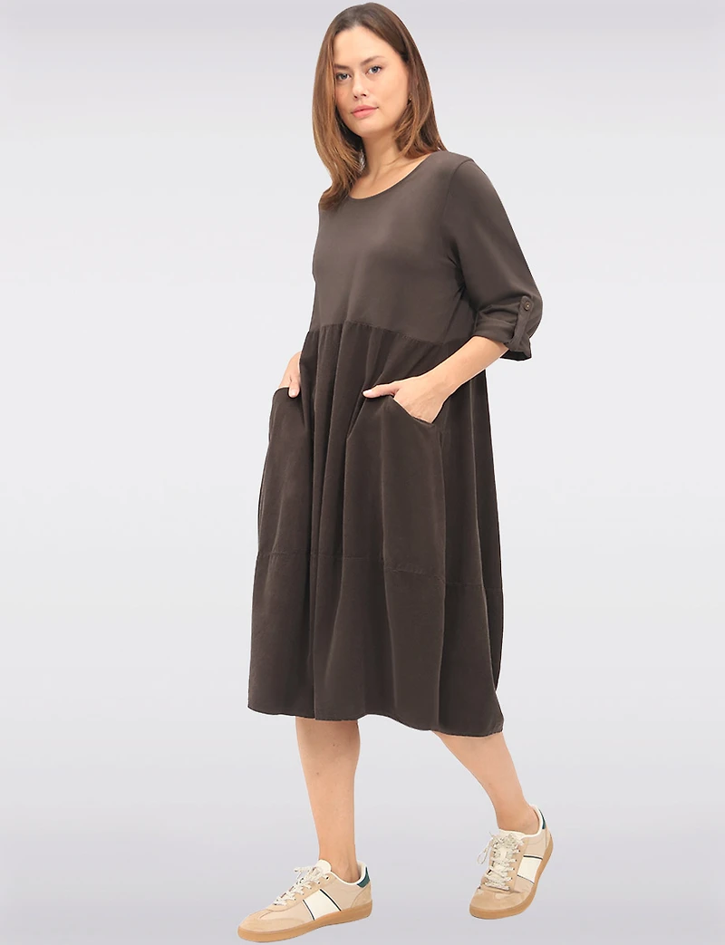 Cotton Corduroy Balloon Dress with Long Sleeves & Patch Pockets by Froccella