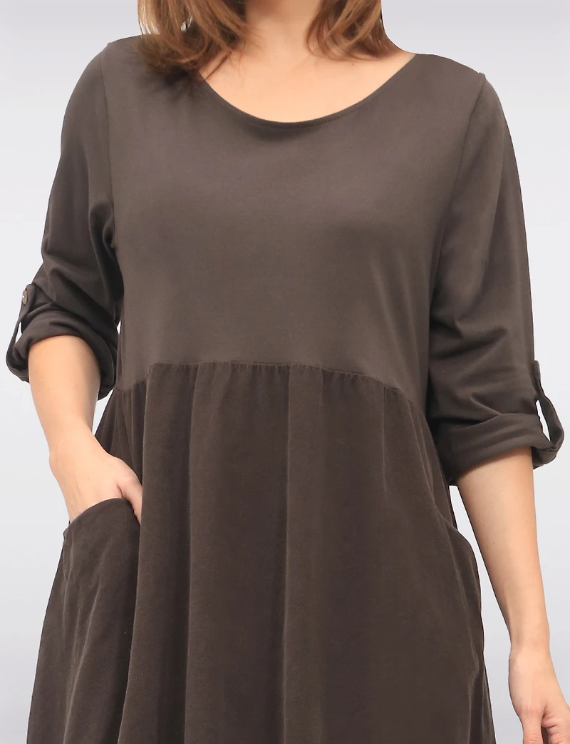 Cotton Corduroy Balloon Dress with Long Sleeves & Patch Pockets by Froccella