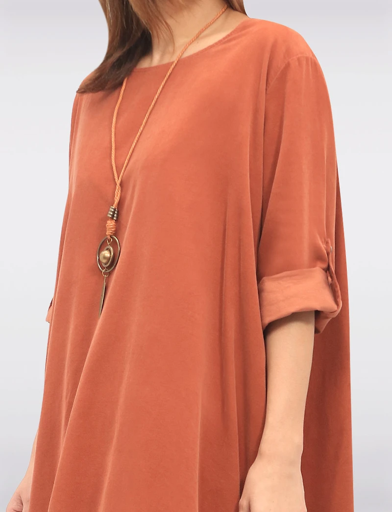 Chic 3/4 Sleeve Corduroy Dress with Side Buttons Necklace & Pockets by Froccella