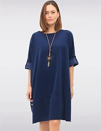 Chic 3/4 Sleeve Corduroy Dress with Side Buttons Necklace & Pockets by Froccella