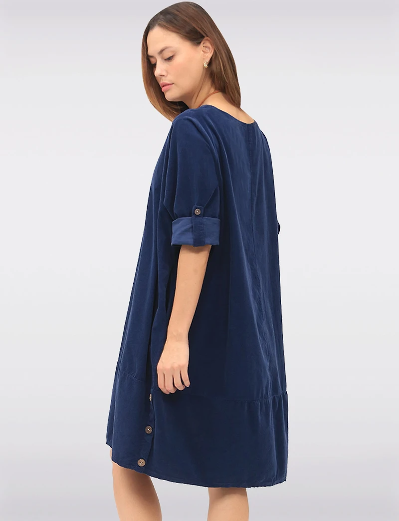 Chic 3/4 Sleeve Corduroy Dress with Side Buttons Necklace & Pockets by Froccella