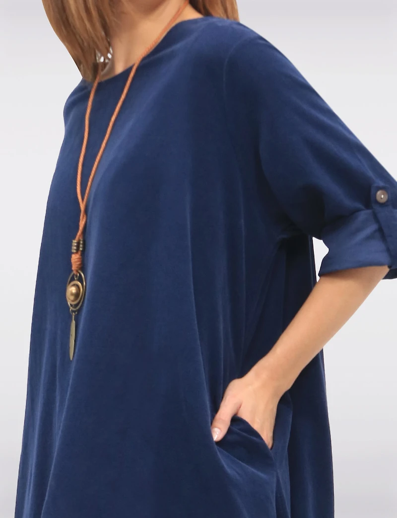 Chic 3/4 Sleeve Corduroy Dress with Side Buttons Necklace & Pockets by Froccella