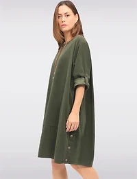 Chic 3/4 Sleeve Corduroy Dress with Side Buttons Necklace & Pockets by Froccella