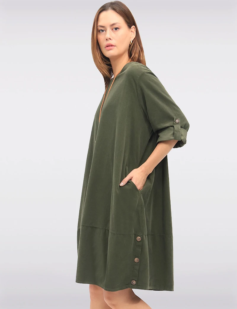 Chic 3/4 Sleeve Corduroy Dress with Side Buttons Necklace & Pockets by Froccella