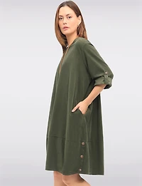 Chic 3/4 Sleeve Corduroy Dress with Side Buttons Necklace & Pockets by Froccella