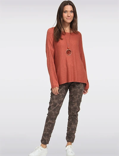 Ultra-Soft Drop Shoulder Long Sleeve Knit Top with Necklace by Froccella