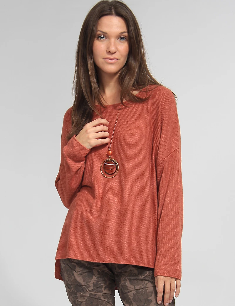 Ultra-Soft Drop Shoulder Long Sleeve Knit Top with Necklace by Froccella